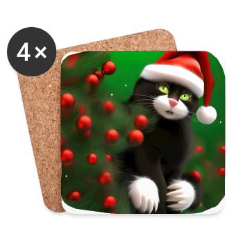 Katze in Weihnachtsmütze und mit Seifenblasen - Untersetzer (4er-Set) - Weiß - Vorne