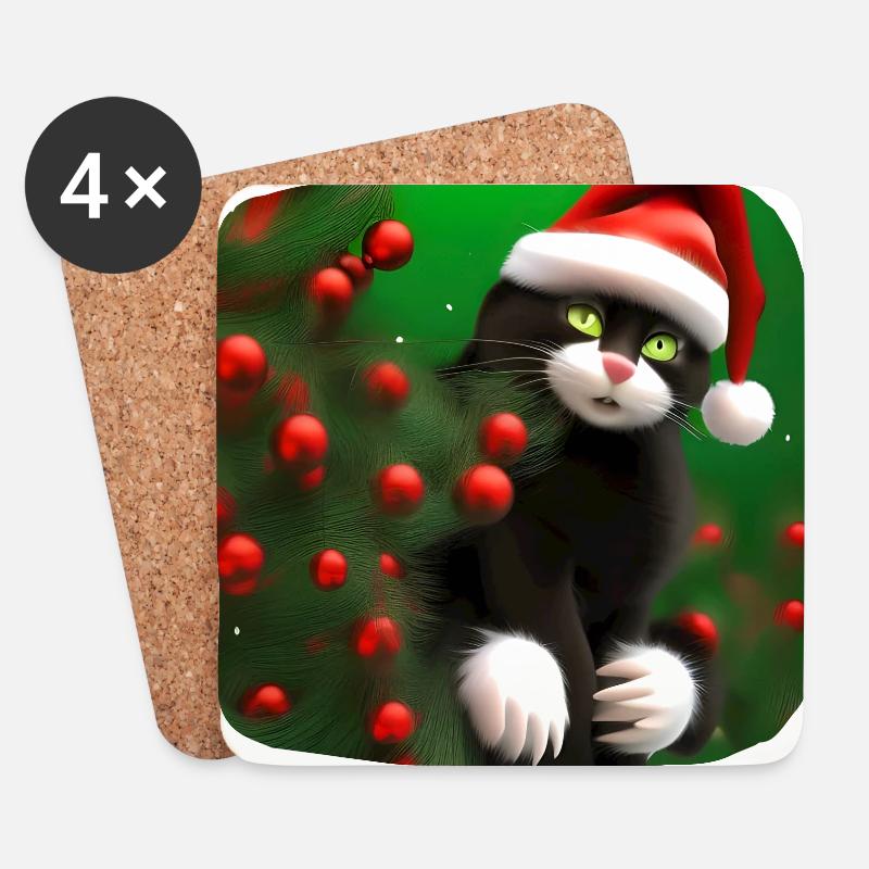 Cat in Santa hat and with bubbles - Coasters (set of 4) - white