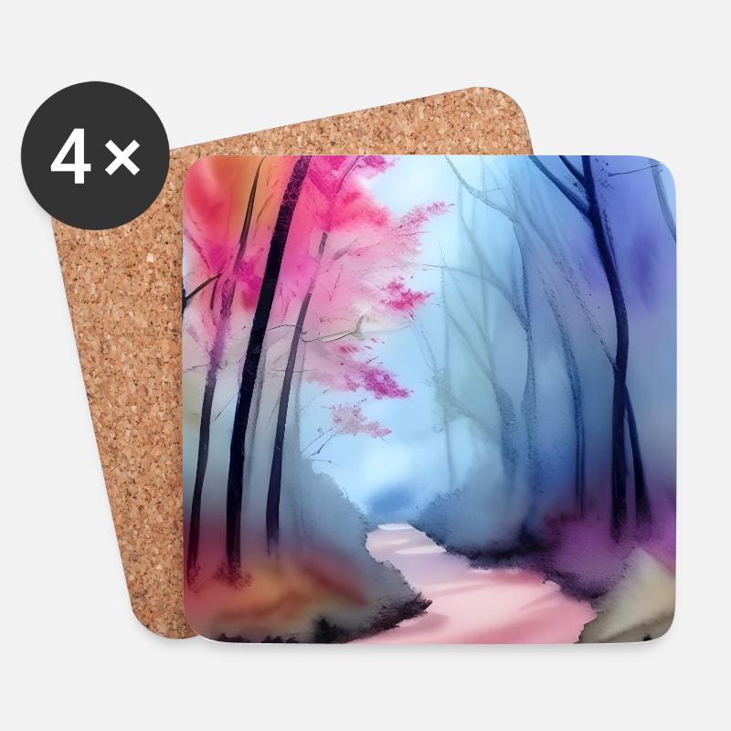 Rosa und blaue Aquarellbäume - Untersetzer (4er-Set) - Weiß