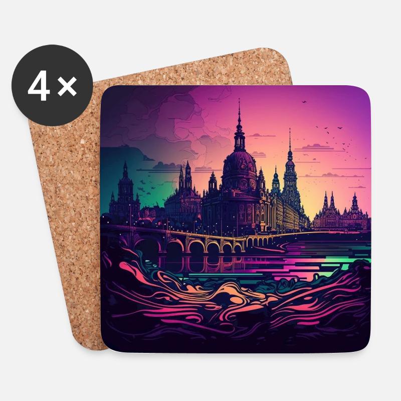 Skyline von Dresden im Abendlicht Vaporwave Optik - Untersetzer (4er-Set) - Weiß