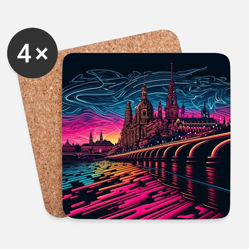 Skyline von Dresden im Abendlicht Vaporwave Optik - Untersetzer (4er-Set) - Weiß