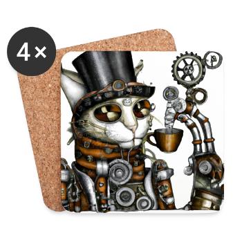 Chat Steampunk - Dessous de verre (lot de 4) - blanc - Devant