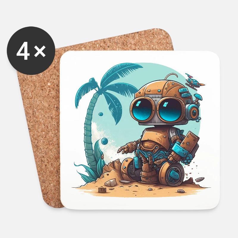 Ein kleiner Roboter am Strand unter einer Palme - Untersetzer (4er-Set) - Weiß