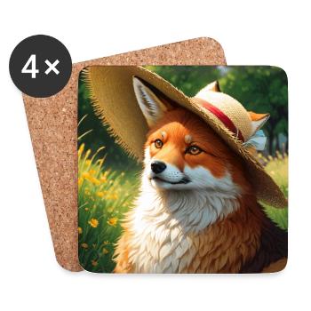 Red Foxes Art with Straw Hat Cute Red Fox Lover - Coasters (set of 4) - white - Front