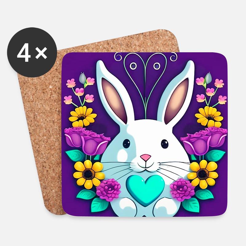 Witziger Osterhase mit Blumen - Untersetzer (4er-Set) - Weiß