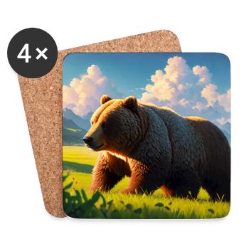 Œuvre d’art mignonne d’ours brun avec chapeau de paille Meadow Art - Dessous de verre (lot de 4) - blanc - Devant