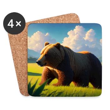Œuvre d’art mignonne d’ours brun avec chapeau de paille Meadow Art - Dessous de verre (lot de 4) - blanc - Devant