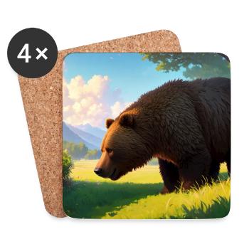 Cute Brown Bear Artwork with Straw Hat Meadow Art - Coasters (set of 4) - white - Front