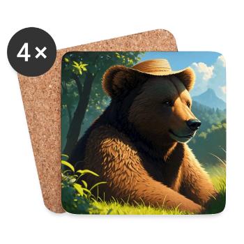 Cute Brown Bear Artwork with Straw Hat Meadow Art - Coasters (set of 4) - white - Front