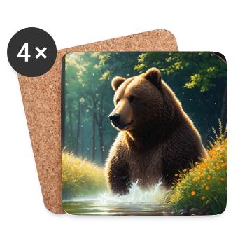Cute Brown Bear Artwork with Straw Hat Meadow Art - Coasters (set of 4) - white - Front