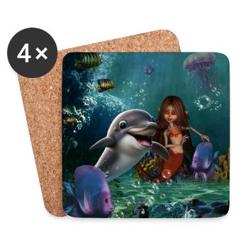 Niedliche Meerjungfrau und lustiger Delfin - Untersetzer (4er-Set) - Weiß - Vorne