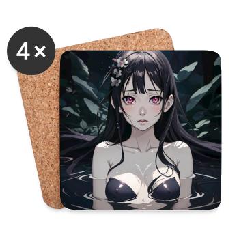 Süßes Anime Mädchen im Wasser mit schwarzem Haar - Untersetzer (4er-Set) - Weiß - Vorne