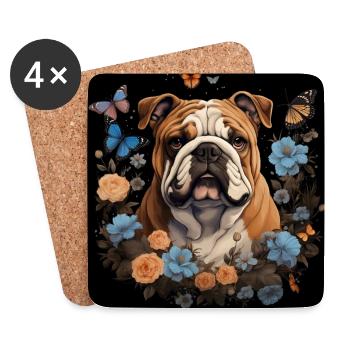 Englische Bulldogge mit Blumen und Schmetterlingen - Untersetzer (4er-Set) - Weiß - Vorne