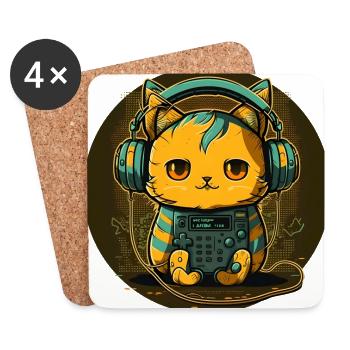 Cyber Cat avec écouteurs - Dessous de verre (lot de 4) - blanc - Devant
