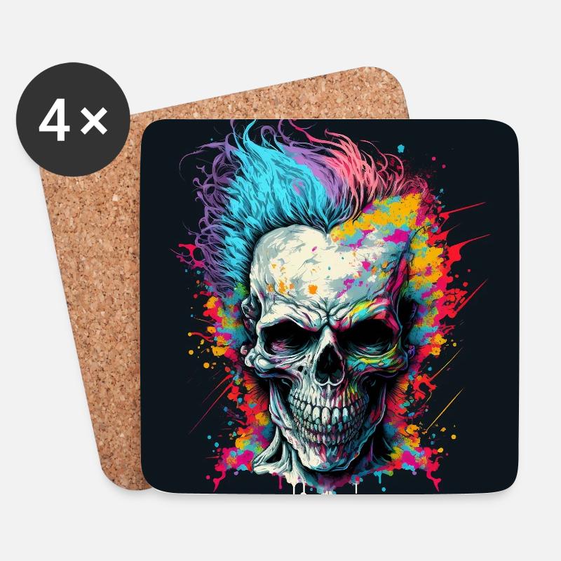 Bunter Horror Punk Zombie Skull - Untersetzer (4er-Set) - Weiß
