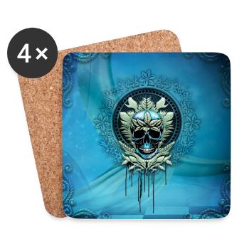 Élégant crâne décoratif bleu avec feuilles. - Dessous de verre (lot de 4) - blanc - Devant