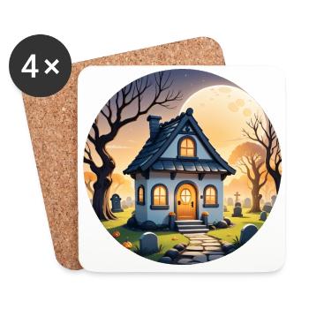 Halloween Haunted House at Full Moon and Pumpkins - Coasters (set of 4) - white - Front