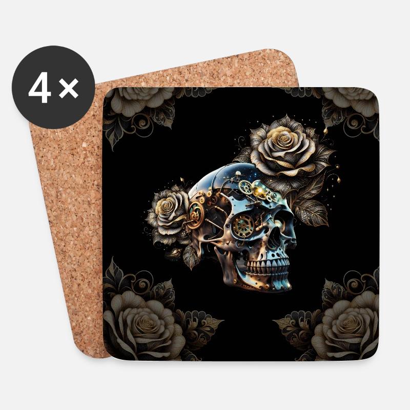 Atemberaubender dunkler Steampunk Totenkopf mit Rosen - Untersetzer (4er-Set) - Weiß
