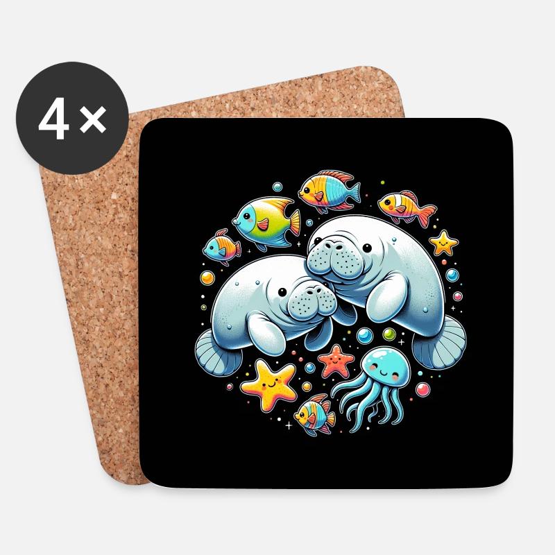 Zwei verliebte Manatees mit Fischen und Seestern - Untersetzer (4er-Set) - Weiß
