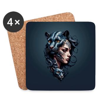 Tête de léopard et femme noire. - Dessous de verre (lot de 4) - blanc - Devant