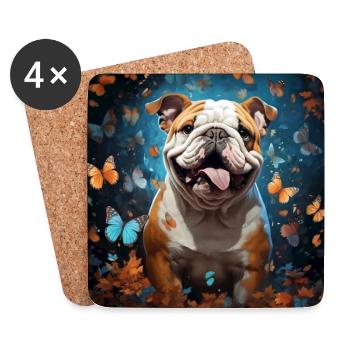 English Bulldog with Flowers and Butterflies - Coasters (set of 4) - white - Front