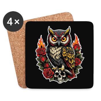 Hibou décoratif avec pétales de rose et crâne - Dessous de verre (lot de 4) - blanc - Devant