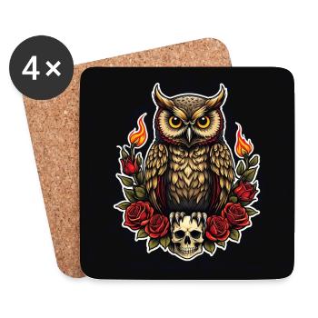 Hibou décoratif avec pétales de rose et crâne - Dessous de verre (lot de 4) - blanc - Devant