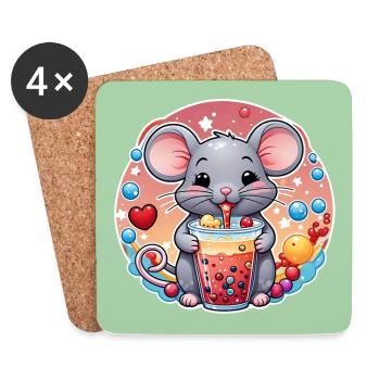 Kleine Süße Maus mit Erfrischung und Strohhalm - Untersetzer (4er-Set) - Weiß - Vorne