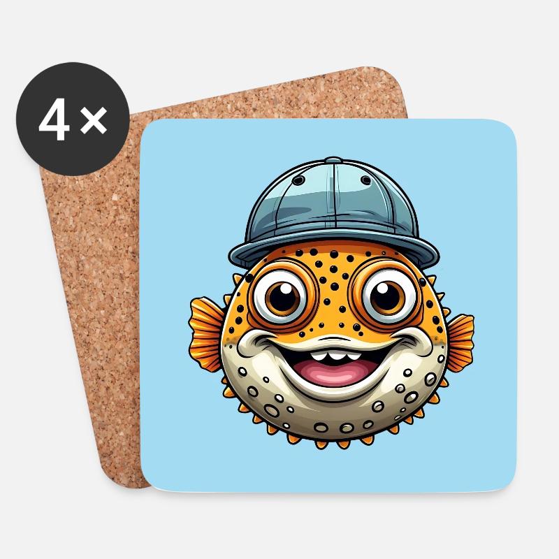 Cooler Kugelfisch mit Basecap - Untersetzer (4er-Set) - Weiß
