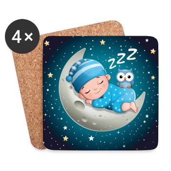 Bébé garçon endormi sur la lune avec un hibou. - Dessous de verre (lot de 4) - blanc - Devant