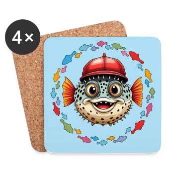 Puffer fish with red baseball cap and colorful fish - Coasters (set of 4) - white - Front