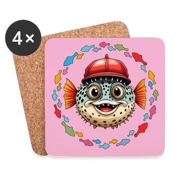 Puffer fish with red baseball cap and colorful fish - Coasters (set of 4) - white - Front