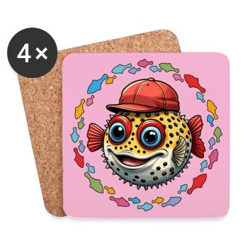 Puffer fish with red baseball cap and colorful fish - Coasters (set of 4) - white - Front