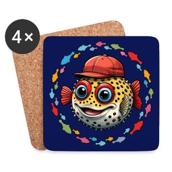 Puffer fish with red baseball cap and colorful fish - Coasters (set of 4) - white - Front