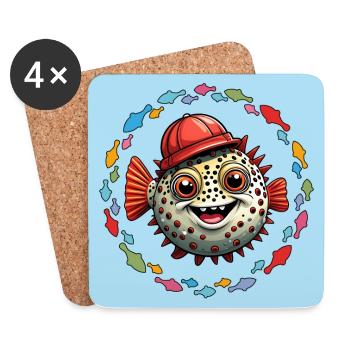 Kugelfisch mit roter Basecap und bunten Fischen - Untersetzer (4er-Set) - Weiß - Vorne