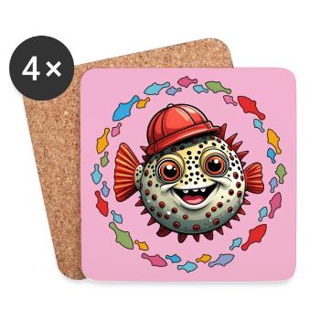 Puffer fish with red baseball cap and colorful fish - Coasters (set of 4) - white - Front