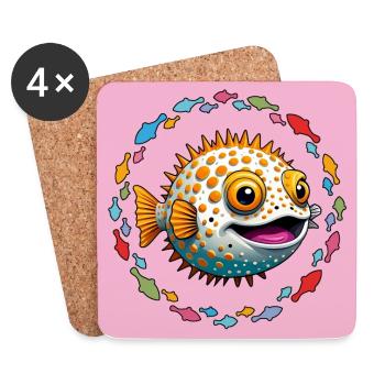 Laughing puffer fish in colorful circle of fish - Coasters (set of 4) - white - Front