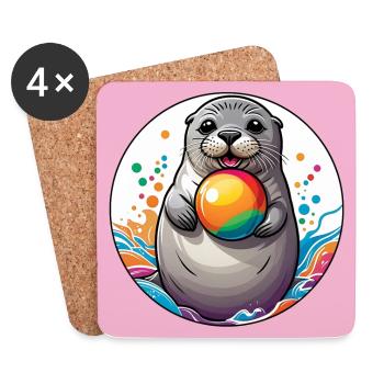 Laughing seal seal with colorful ball - Coasters (set of 4) - white - Front