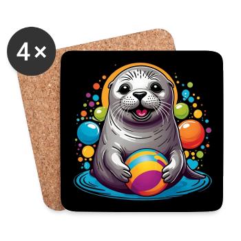 Laughing seal seal with colorful balls - Coasters (set of 4) - white - Front
