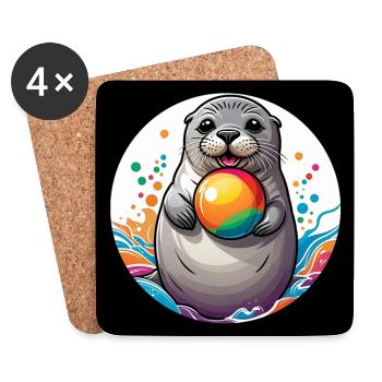 Laughing seal seal with colorful ball - Coasters (set of 4) - white - Front
