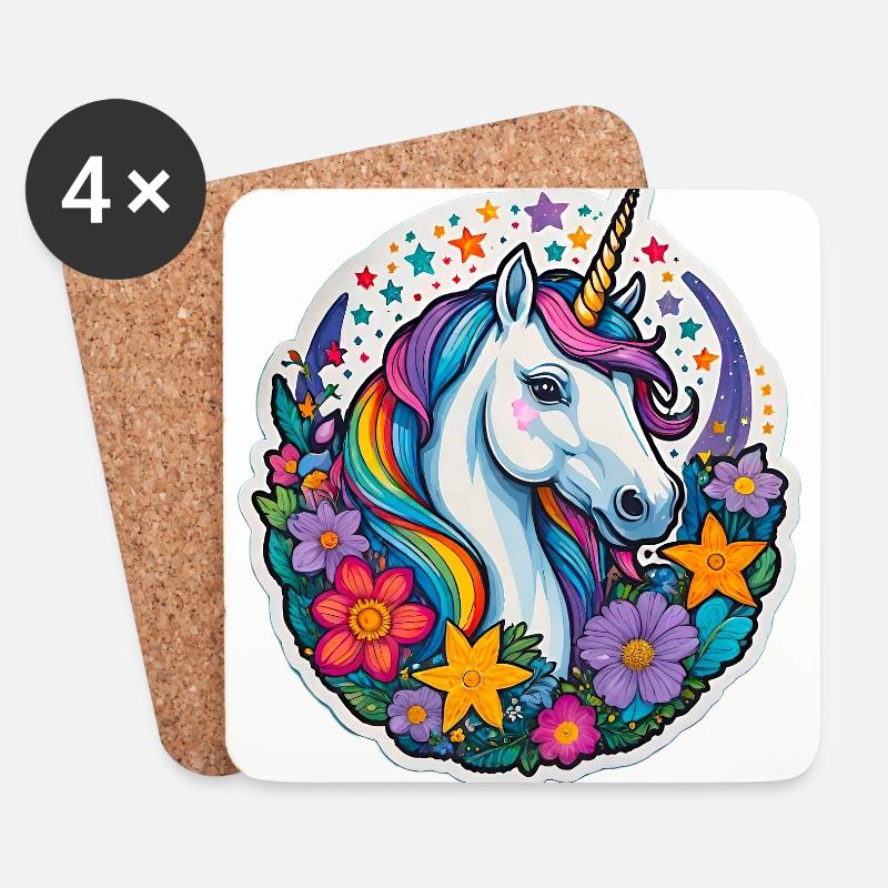Regebogen Einhorn mit Blumen und Sternen - Untersetzer (4er-Set) - Weiß