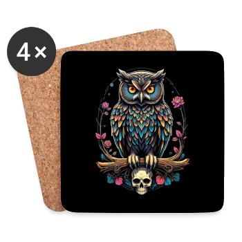 Hibou coloré avec crâne - Dessous de verre (lot de 4) - blanc - Devant