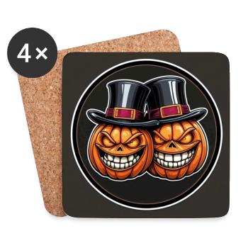 Zwei grinsende Halloweenkürbisse mit Zylinder - Untersetzer (4er-Set) - Weiß - Vorne