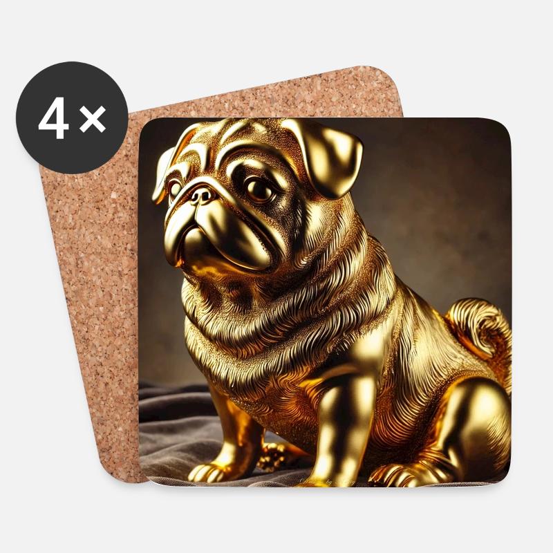 Goldener Pug Skulptur - Untersetzer (4er-Set) - Weiß
