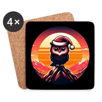 Drôle de petit hibou de Noël avec chapeau de Père Noël - Dessous de verre (lot de 4) - blanc - Devant
