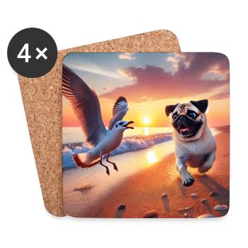Lively beach adventures with dog and seagull - Coasters (set of 4) - white - Front