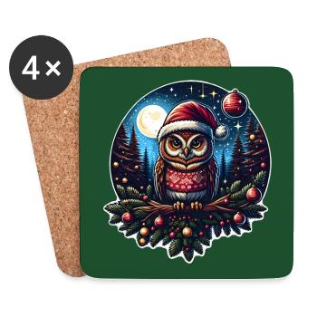 Süße Eule mit Nikolausmütze im Weihnachtswald - Untersetzer (4er-Set) - Weiß - Vorne