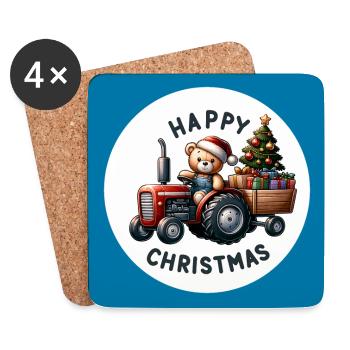 Teddy als Weihnachtsmann mit Traktor - Untersetzer (4er-Set) - Weiß - Vorne