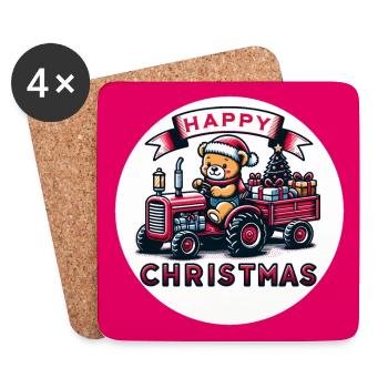Teddy als Weihnachtsmann mit Traktor - Untersetzer (4er-Set) - Weiß - Vorne