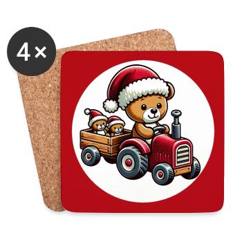 Teddy als Weihnachtsmann mit Traktor und Hänger - Untersetzer (4er-Set) - Weiß - Vorne